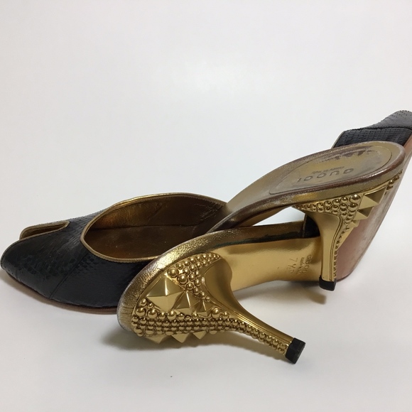 Gucci Shoes - Gucci Runway Python Gold Heeled Mules & Clogs